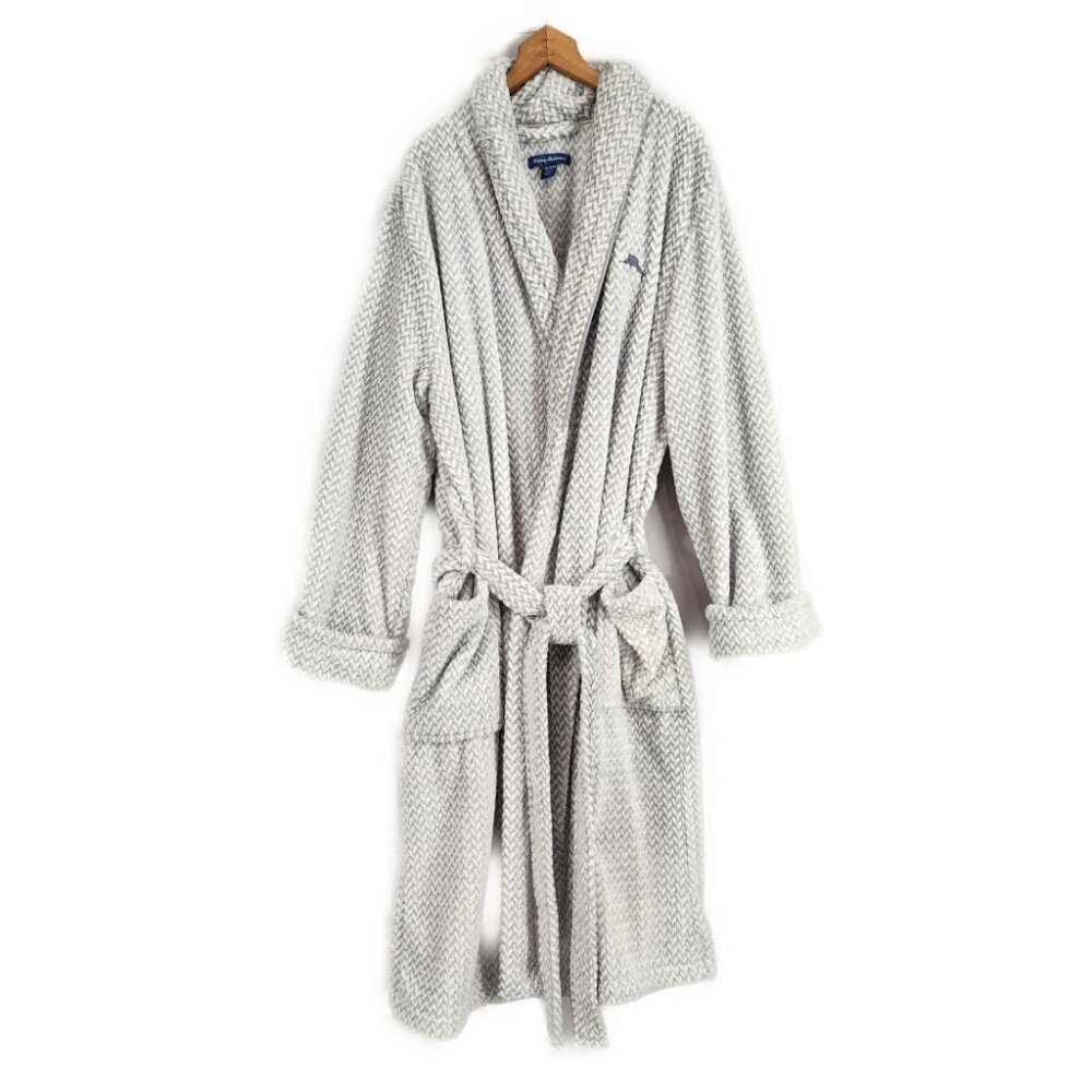 Tommy Bahama Plush Robe Mens L/XL Gray White Pockets Logo Belted Cuffed Soft